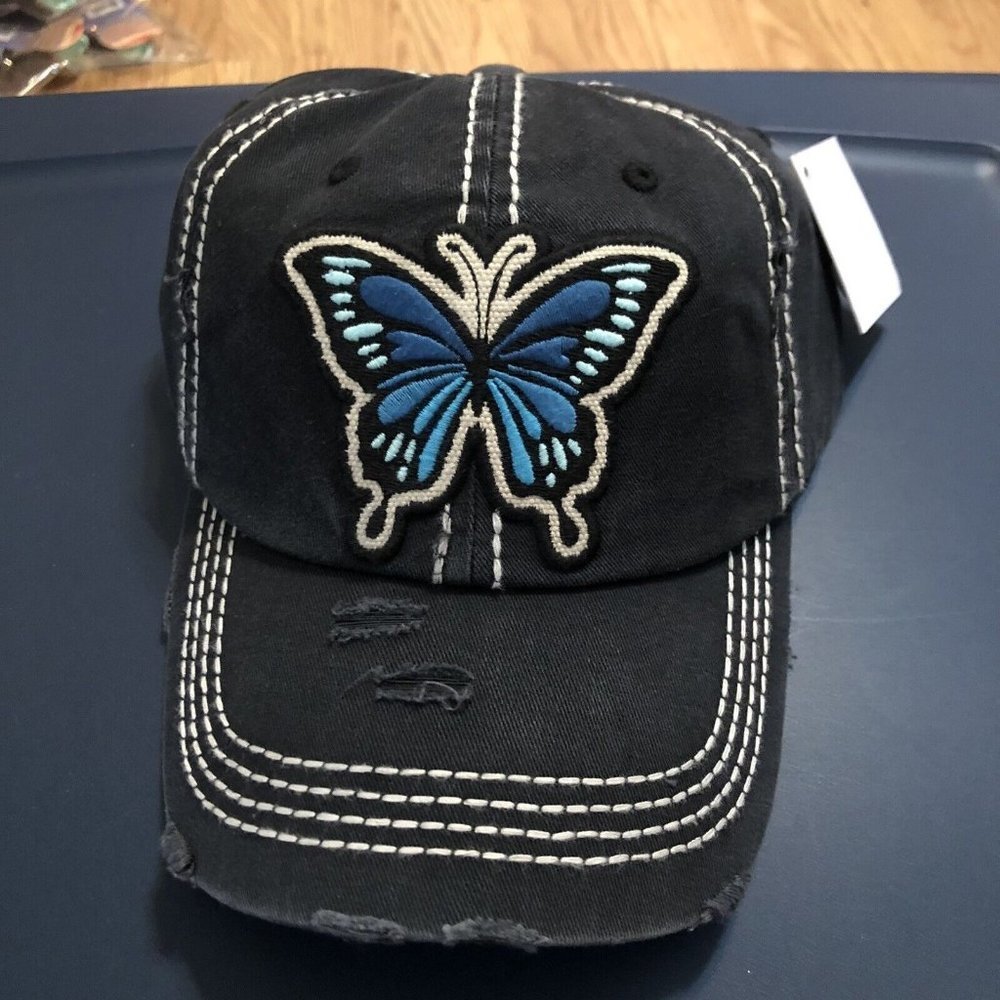 Butterfly Embroidery Distressed baseball cap dad hat adjustable Hook & Loop NEW